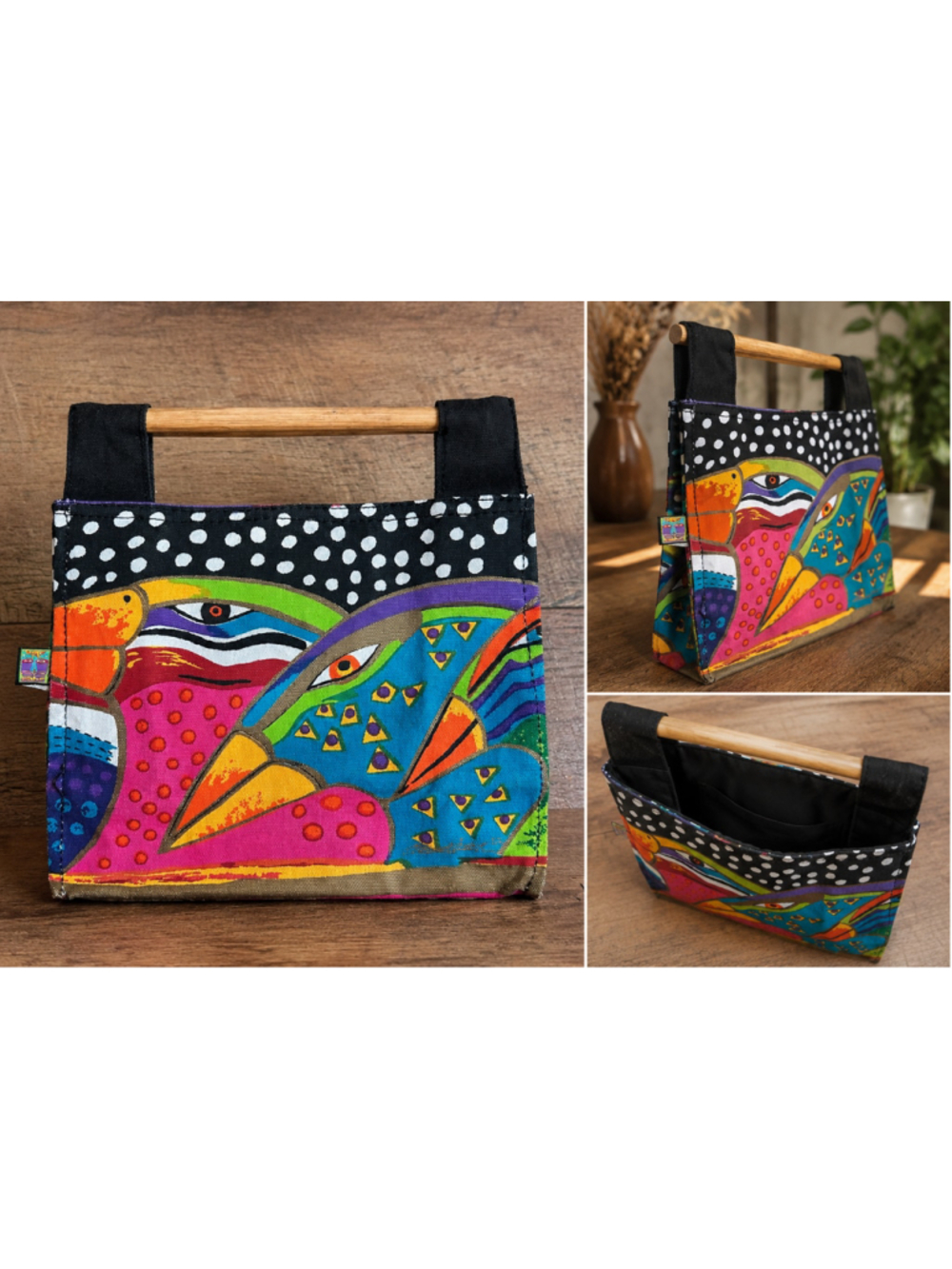 Laurel Burch Colorful Abstract Bird Art Handbag Wooden Handle Canvas Purse Vinta